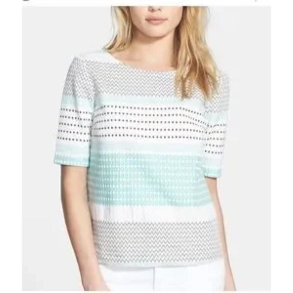 Ella Moss White Brown Teal Zan Back Zip Jacquard Top Women's XS Cotton Casual